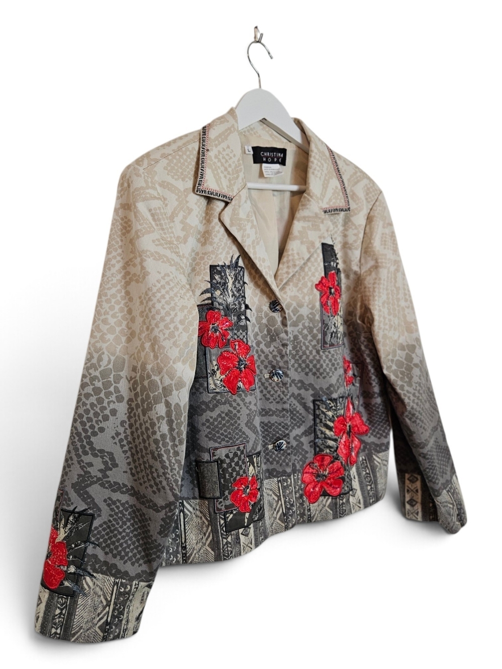 Vintage Christina Hope Blazer L Hibiscus Snakeskin Embroidered Gray Jacket